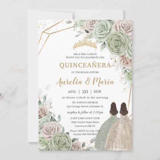 Invitación Quinceañera Sage Green Champagne Gold Floral Twins (Anverso)