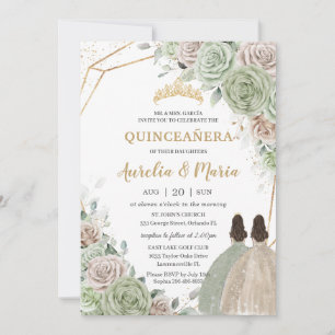Invitación Quinceañera Sage Green Champagne Gold Floral Twins