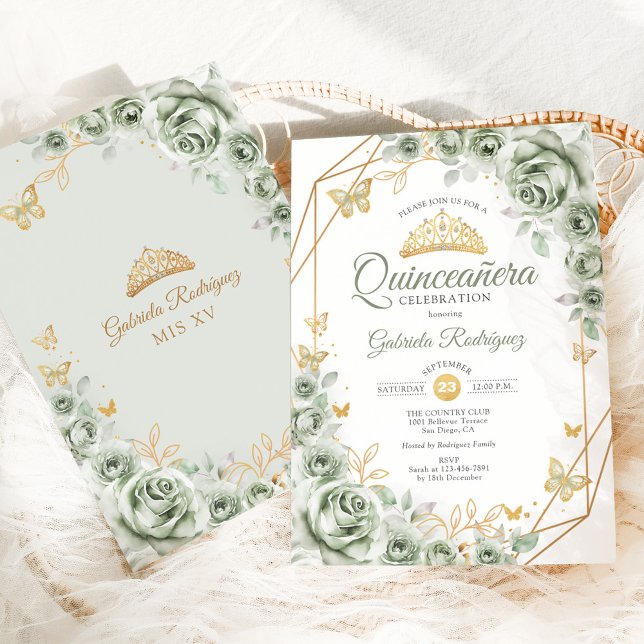 Invitación Quinceanera Sage Green Floral Gold (Subido por el creador)