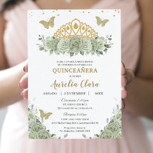 Invitación Quinceañera Sage Green Floral Gold Crown Español