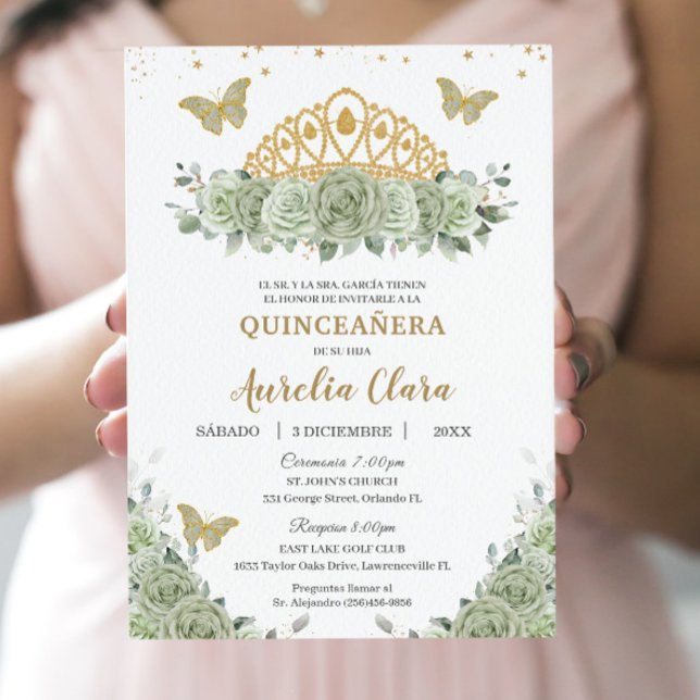 Invitación Quinceañera Sage Green Floral Gold Crown Español (Subido por el creador)