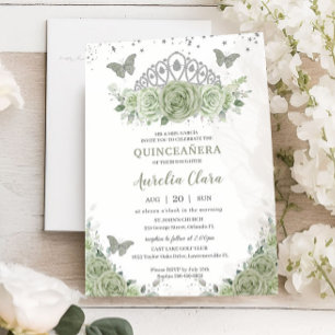 Invitación Quinceañera Sage Green Floral Rosas Silver Crown