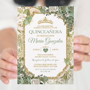Invitación Quinceañera Sage Green & Gold Crown Butfly