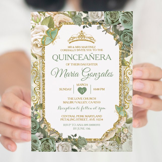 Invitación Quinceañera Sage Green & Gold Crown Butfly (Subido por el creador)