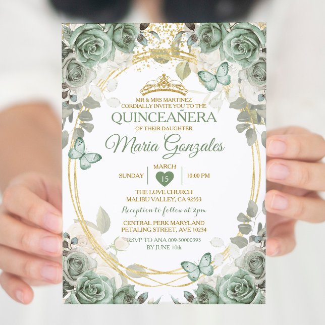 Invitación Quinceañera Sage Green & Gold Crown Butfly (Subido por el creador)