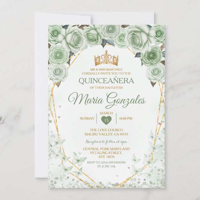 Invitación Quinceañera Sage Green Mariposa Mexicana (Anverso)