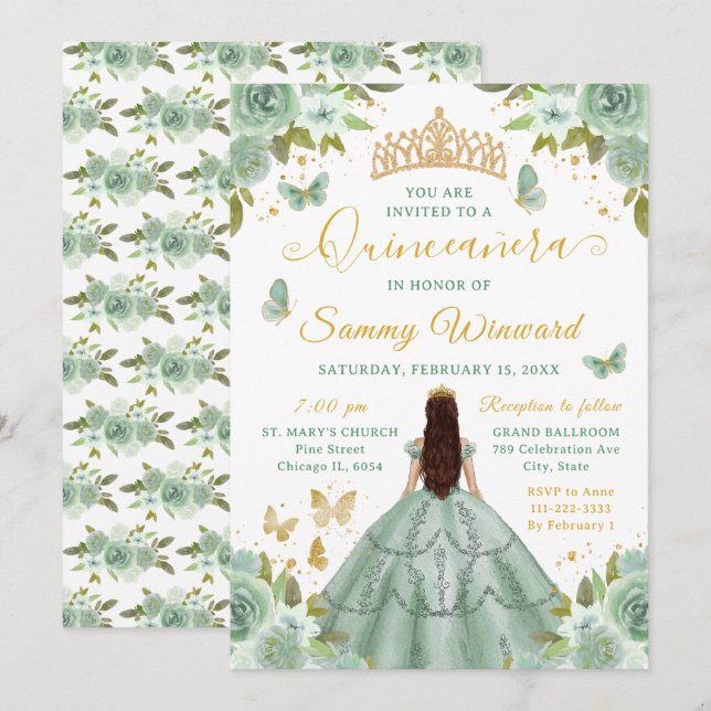 Invitación Quinceañera Sage Green Princess Brunette Girl (Anverso / Reverso)
