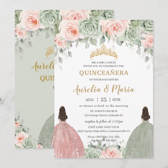 Invitación Quinceañera Sage Green Rubor Floral Gold Twins (Anverso / Reverso)