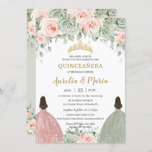 Invitación Quinceañera Sage Green Rubor Floral Gold Twins