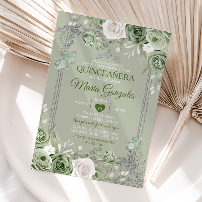 Invitación Quinceañera Sage Green Silver Crown Butfly (Subido por el creador)