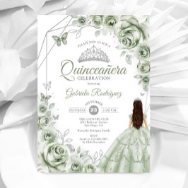 Invitación Quinceanera Sage Green Silver Vestido Floral