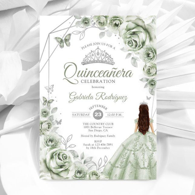 Invitación Quinceanera Sage Green Silver Vestido Floral (Subido por el creador)