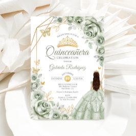 Invitación Quinceanera Sage Green Vress Floral Gold