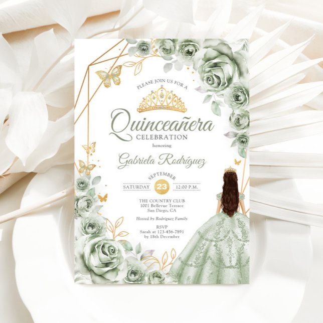 Invitación Quinceanera Sage Green Vress Floral Gold (Subido por el creador)