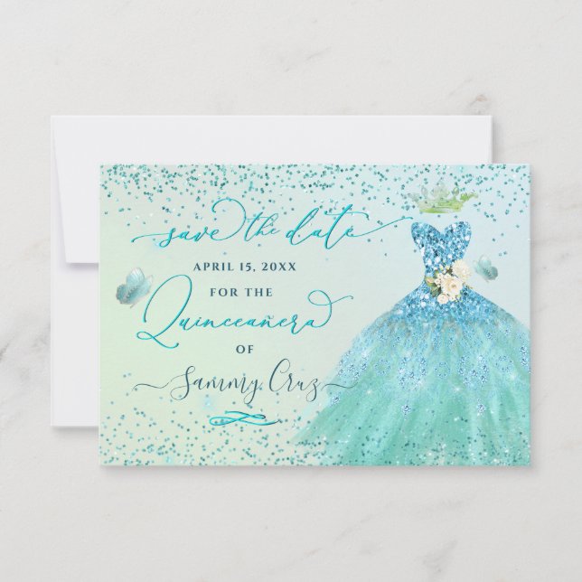 Invitación Quinceanera salva la cita Purpurina Aqua (Anverso)
