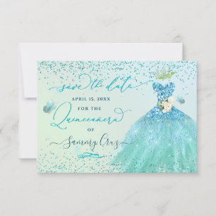 Invitación Quinceanera salva la cita Purpurina Aqua
