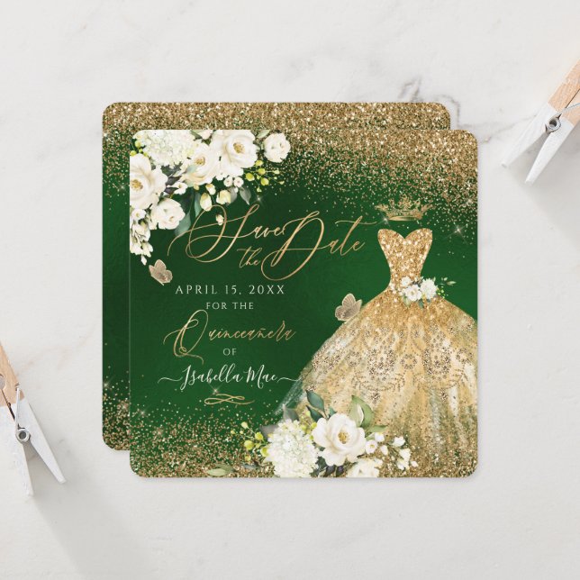 Invitación Quinceanera Salva la Faux Purpurina Gold Gown (Anverso/Reverso In Situ)