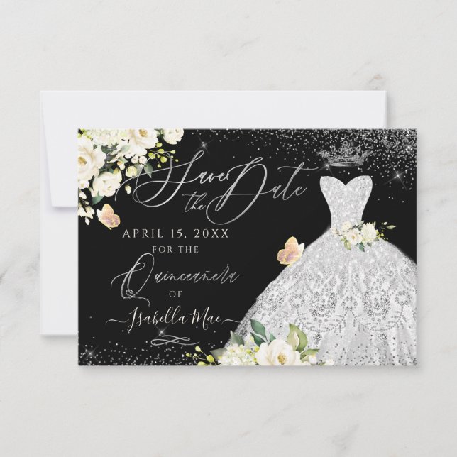 Invitación Quinceanera Salva la Faux Purpurina White Gown (Anverso)