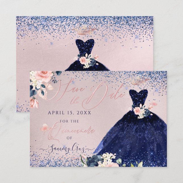 Invitación Quinceanera salva la fecha de la vestido azul de l (Anverso / Reverso)