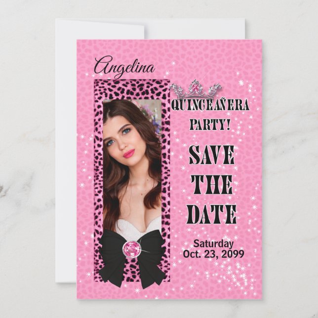 Invitación Quinceañera Salva la Fecha Estampado de Guepardo R (Anverso)
