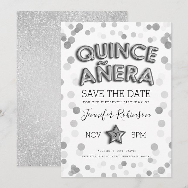 Invitación Quinceañera Salve La Fecha Purpurina De Los Globos (Anverso / Reverso)