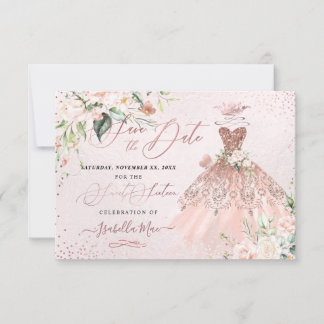 Invitación Quinceanera Salve la fecha Rosa Dulce de Oro 16
