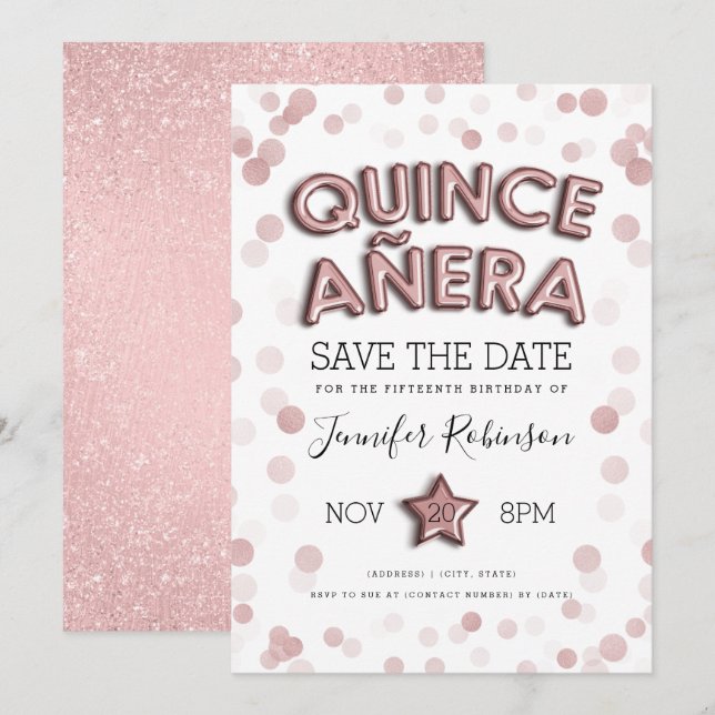 Invitación Quinceañera Salve La Fecha Rosa Purpurina De Oro (Anverso / Reverso)