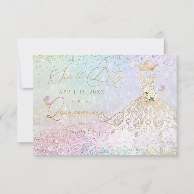 Invitación Quinceanera Salven la cita con el vestido de oro b (Anverso)