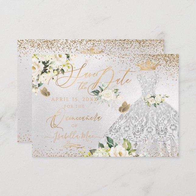 Invitación Quinceanera Salven la cita de Purpurina Faux Gown (Anverso / Reverso)