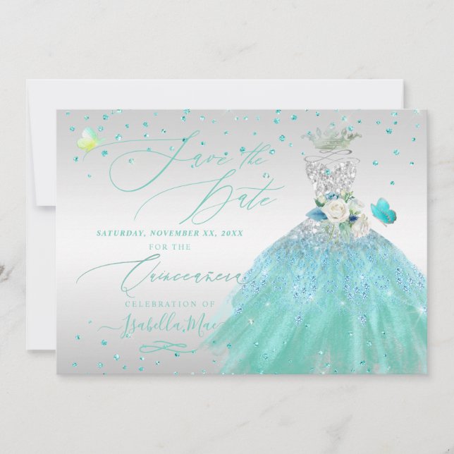 Invitación Quinceanera Salven la fecha turquesa plateada (Anverso)