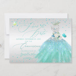 Invitación Quinceanera Salven la fecha turquesa plateada