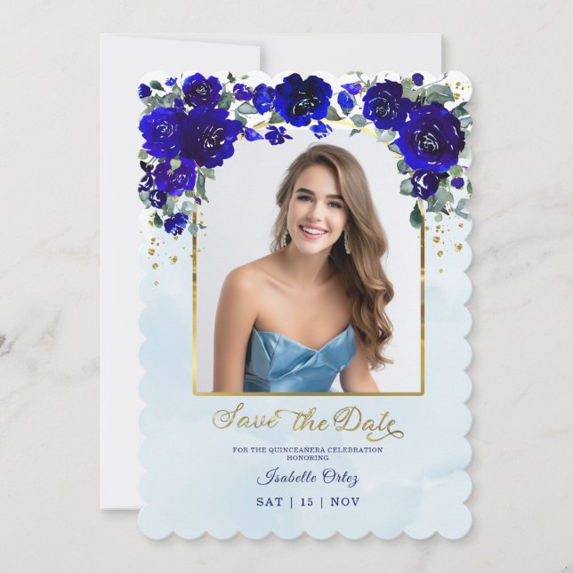 Invitación Quinceañera Salven La Foto Real Oro Azul (Anverso)