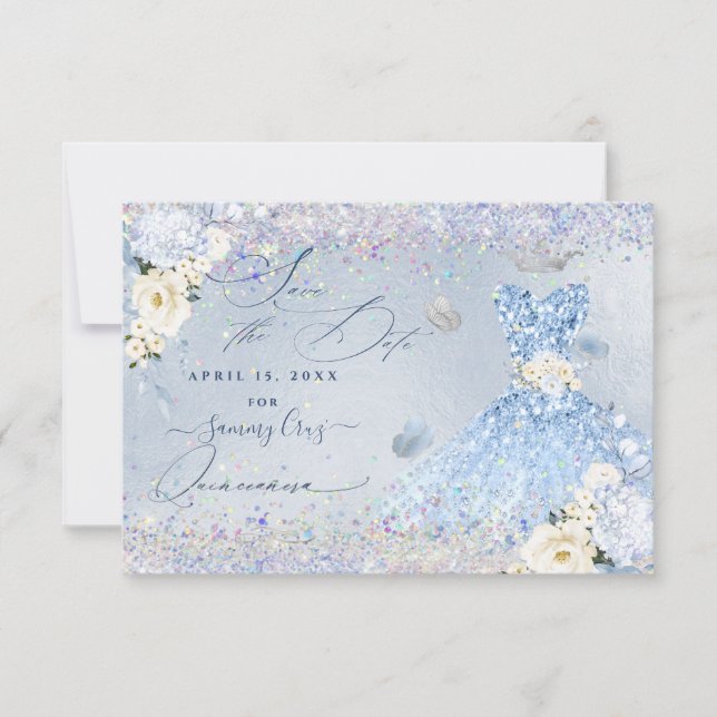 Invitación Quinceanera Save Date Blue Holographic Confetti (Anverso)
