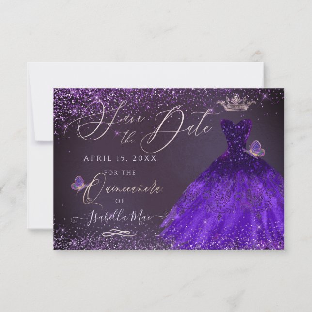 Invitación Quinceanera Save Date Butterfly Ultra Violet Gown (Anverso)