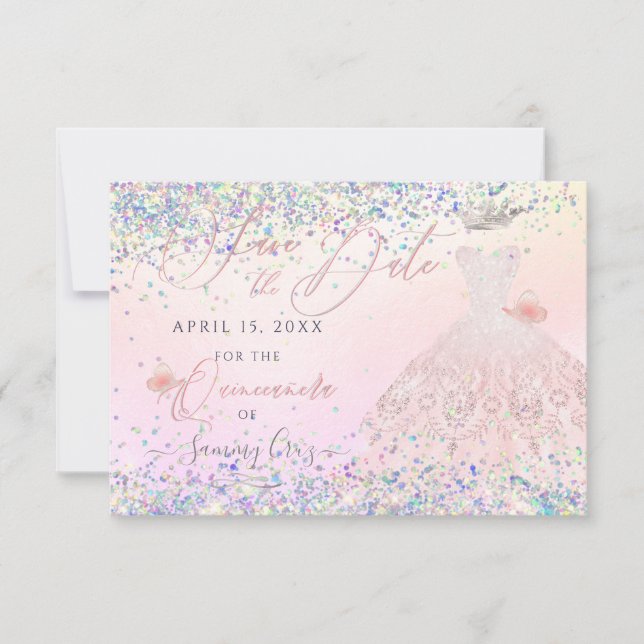 Invitación Quinceanera Save Date Holographic Confetti Invita (Anverso)