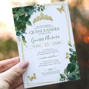 Invitación Quinceañera Selva Esmeralda Mariposa de Oro Verde