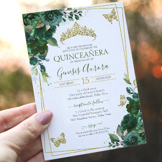 Invitación Quinceañera Selva Esmeralda Mariposa de Oro Verde