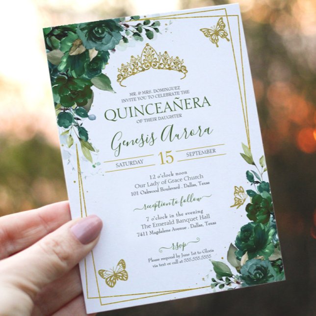 Invitación Quinceañera Selva Esmeralda Mariposa de Oro Verde (Subido por el creador)