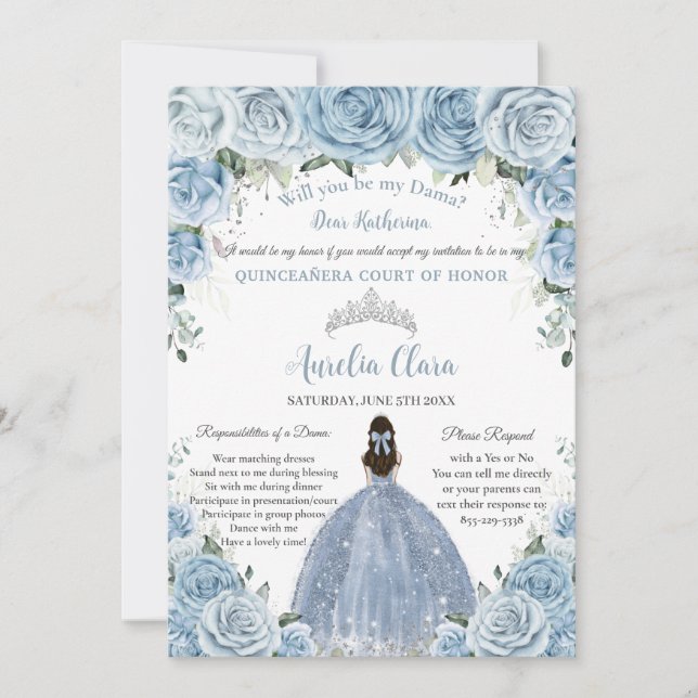 Invitación Quinceañera Silver Baby Blue Floral Dama Request (Anverso)