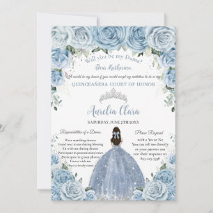 Invitación Quinceañera Silver Baby Blue Floral Dama Request