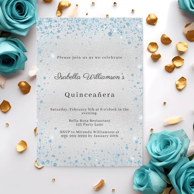 Invitación Quinceanera silver blue glitter winter party (Subido por el creador)