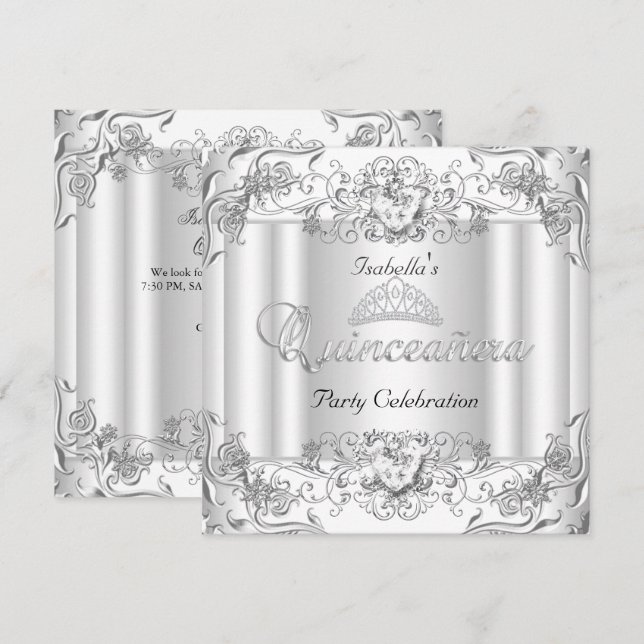 Invitación Quinceanera Silver Diamante Blanco Tiara 15º Fiest (Anverso / Reverso)