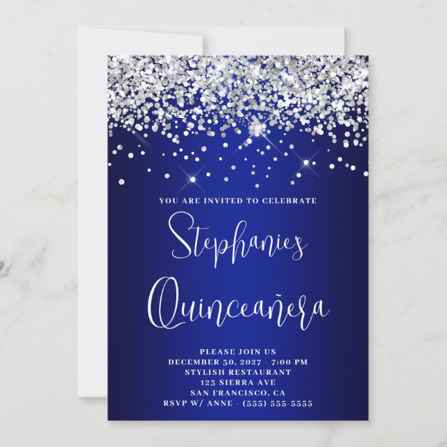Invitación Quinceañera Silver Glitter Royal Blue Navy Ombre (Anverso)