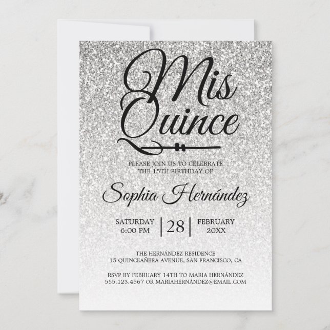 Invitación Quinceañera Silver Purpurina 15 cumpleaños (Anverso)