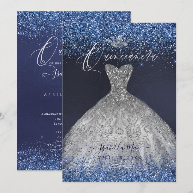 Invitación Quinceanera Silver Purpurina Gown (Anverso / Reverso)