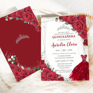 Invitación Quinceañera Silver Roses Roses Rojos Vestido Flora