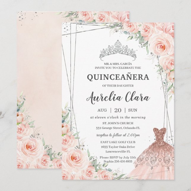 Invitación Quinceañera Silver Rubor Floral Princess Dress (Anverso / Reverso)