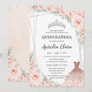 Invitación Quinceañera Silver Rubor Floral Princess Dress
