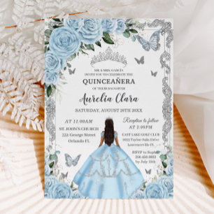 Invitación Quinceañera Sky Blue Floral Vestido Princesa Plata