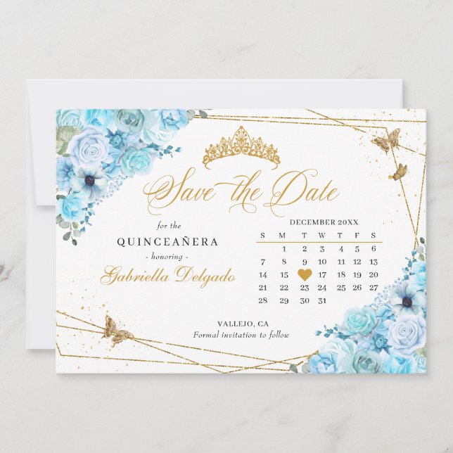 Invitación Quinceañera Sky Blue & Gold Guarda La Fecha (Anverso)